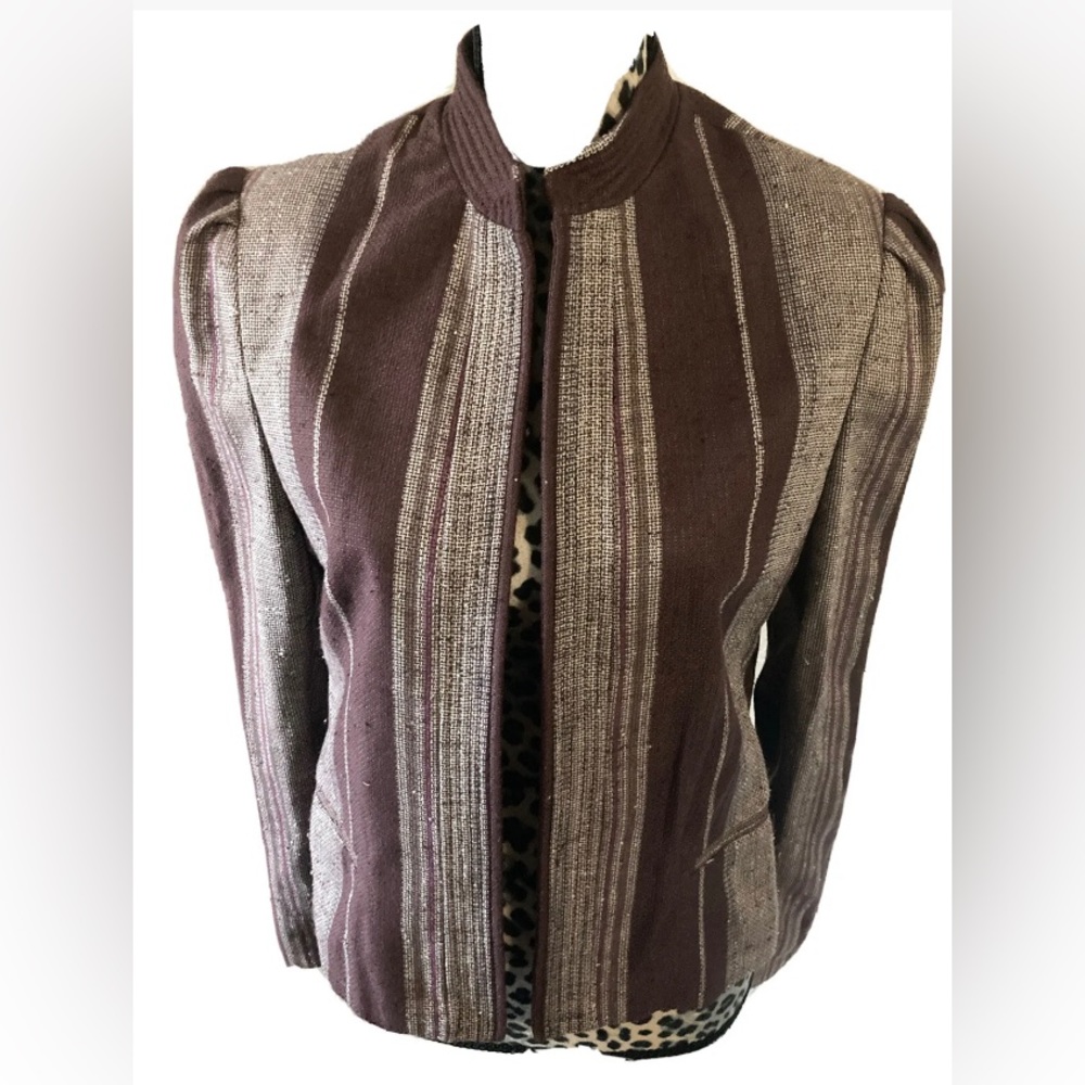 First Avenue blazer women size 12 brown round neck striped Pocket 22L X 20W